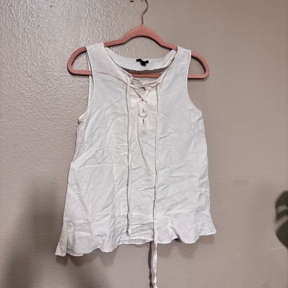 ANN TAYLOR LINEN Sleeveless White Lace-Up Top
